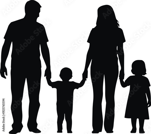 Black family silhouette holding hands, parents with two children standing together, happy motherhood and fatherhood concept, isolated on white background.