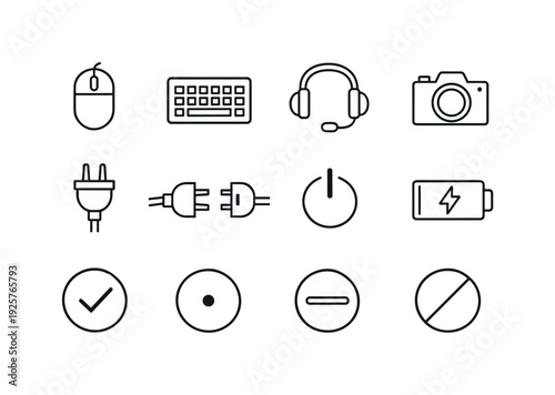 Peripheral Connection Icons. Line style vector icons of peripheral connection icons: mouse, keyboard, headset, camera; plug,