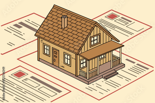 Isometric House on Real Estate Documents and Paperwork.