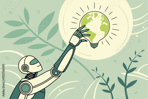 Robot Hand Reaching for Green Earth Lightbulb Sustainable Future.