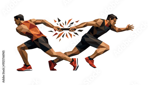 Low-poly vector illustration of two relay runners frozen at the exact moment of a baton pass, full-body athletes with sharply