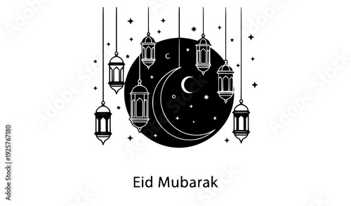 Minimalist Eid Mubarak line art card crescent moon and lanterns vector black background