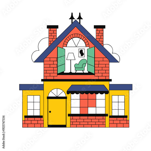 A cartoon house with a yellow door and green shutters