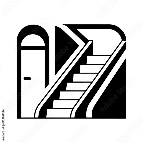 A black and white image of a staircase and door