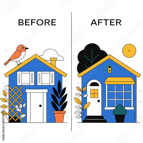 A house exterior transformation from before to after