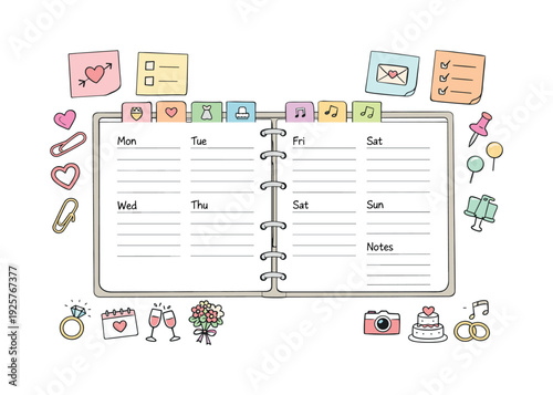 Minimalist Planner Design. Open weekly planner spread, tabbed notebook pages, paper clips and sticky notes, small reminder icons