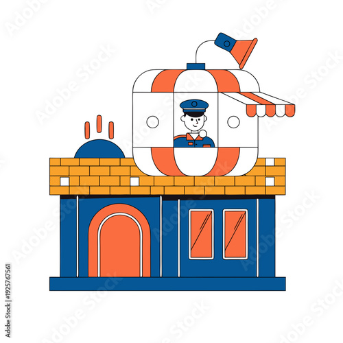 A cartoon building with a life preserver on top