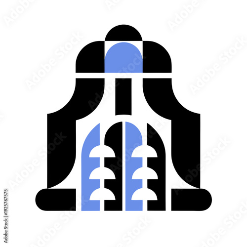 A black and blue icon of a gothic arch window