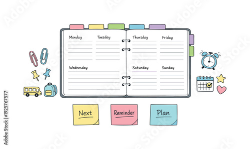 Open weekly planner spread, tabbed notebook pages, paper clips and sticky notes, small reminder icons for School pickup calendar