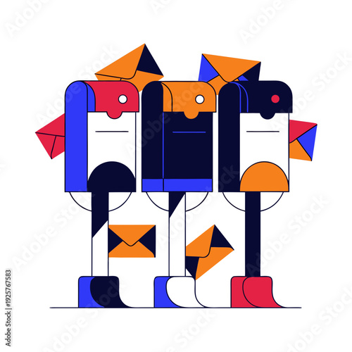 A colorful abstract illustration of envelopes and mailboxes