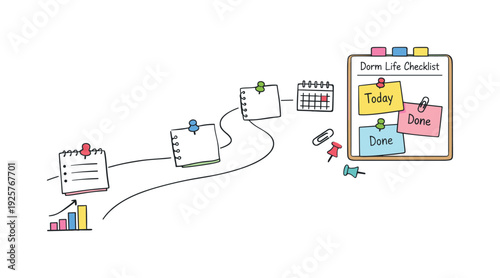 Milestone roadmap path, notebook strips as checkpoints, mini chart and calendar icons, pinned sticky notes for Dorm life