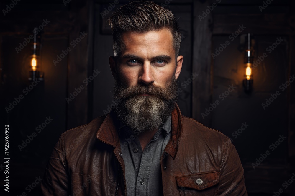 Obraz premium Man with stylish haircut and long beard posing against dark background