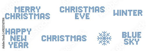 Blue rhinestone Christmas and New Year lettering set with snowflake icon for winter holiday design