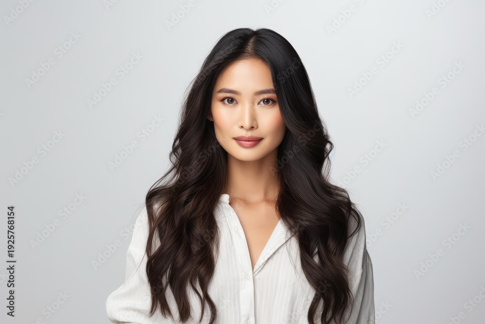 Obraz premium Young asian woman posing with elegant long wavy black hair against a white studio background