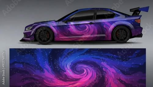 Sports car with a vibrant galaxy nebula swirl vinyl wrap design.