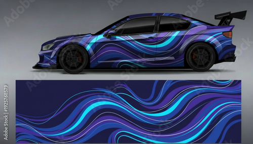 Custom car wrap design featuring abstract blue and purple wavy lines on a dark background, showcasing a dynamic and modern aesthetic.