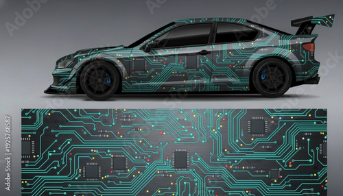 Sports car with a futuristic circuit board graphic wrap design, showcasing the full pattern below.