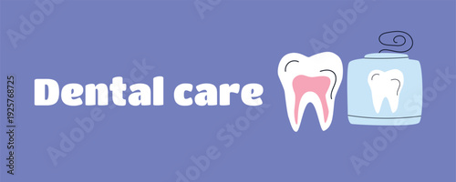 Dental Care Banner with Tooth and Dental Floss, Oral Hygiene Concept Vector Illustration