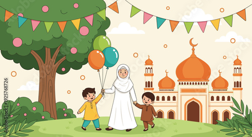 Happy Muslim mother walking with two little sons holding colorful balloons towards a beautiful mosque for festive Eid celebration.