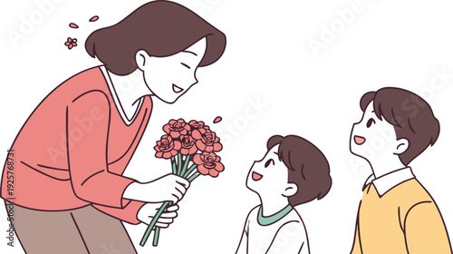 Korean family portrait celebrating parents day with flowers bouquet children