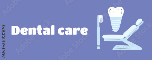 Dental Care Poster with Filled Tooth, Dentist Chair and Dental Instruments, Treatment Concept Vector Illustration