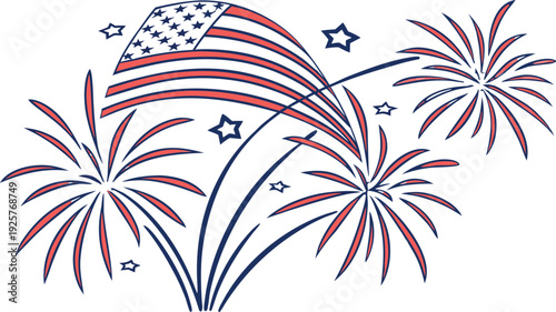 American flag waving amidst red white and blue fireworks explosion patriotic stars