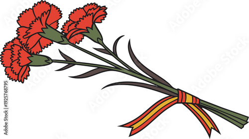 Red carnation flower bouquet with green stems and red yellow ribbon red carnations