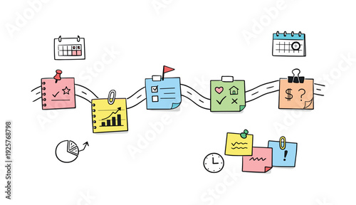 Milestone roadmap path, notebook strips as checkpoints, mini chart and calendar icons, pinned sticky notes for Rent payment