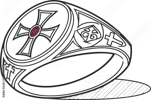 Ornate papal ring with engraved cross and red gemstone ornate ring jewelry