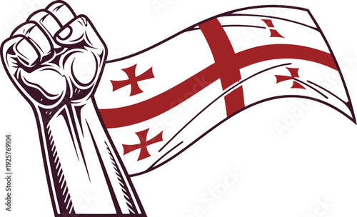 Raised fist holding small Georgian flag waving hand red cross
