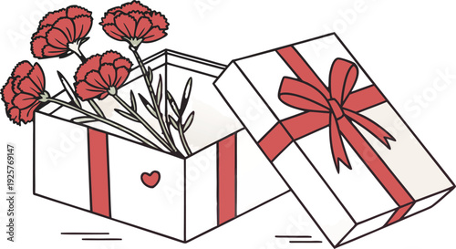 White gift box with red carnation bouquet and heart red carnations white box red ribbon