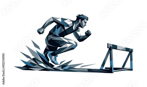 Low-poly vector illustration of a hurdler just before takeoff, explosive crouched stride transitioning into a jump, angular