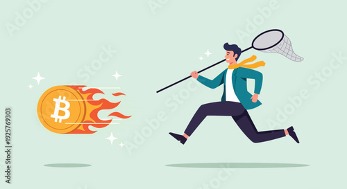 Businessman Chasing a Flaming Bitcoin with a Net Illustrating the Volatility and Pursuit of Cryptocurrency Investments.