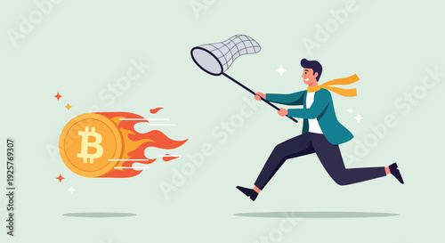 Businessman Chasing a Flaming Bitcoin with a Net.