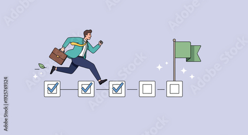 Businessman running towards goal completing tasks.