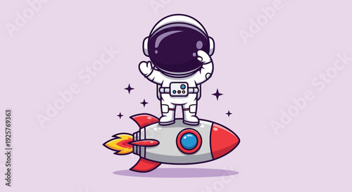 Cute Astronaut Standing on a Rocket in Space Vector Illustration.