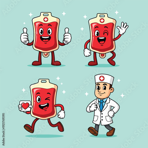 Cute blood bag and doctor cartoon character set for blood donation day.