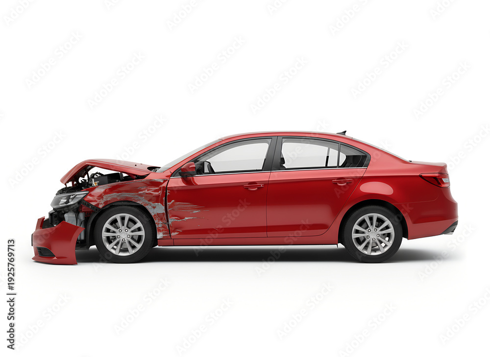 Obraz premium Red sedan car with severe front-end collision damage on white background