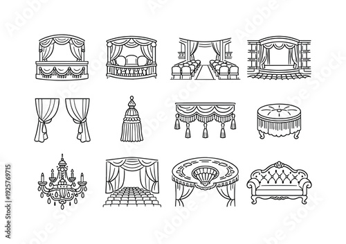 Line style of grand opera decor vector icons: balcony, box, aisle, hall; velvet, drape, tassel, fringe; luxury, opulence,