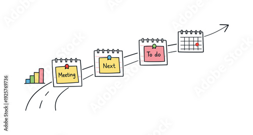 Milestone roadmap path, notebook strips as checkpoints, mini chart and calendar icons, pinned sticky notes for Medical checkup