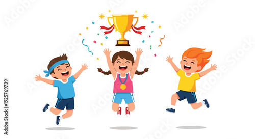 Happy children celebrating victory with a golden trophy and confetti Vector.