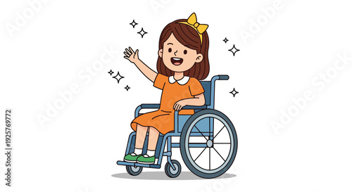 Happy little girl in a wheelchair waving hand.