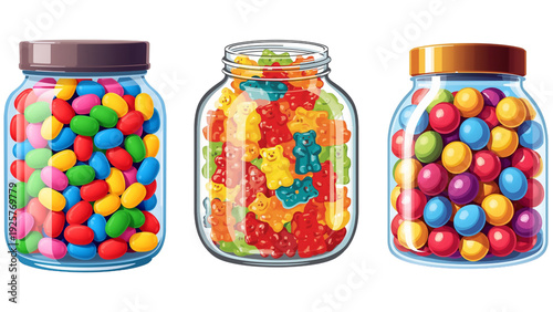 Glass jar with colorful fruit candies and preserved red tomatoes sweet vegetarian snack, isolated transparent background, editable vector artwork ai illustration file,