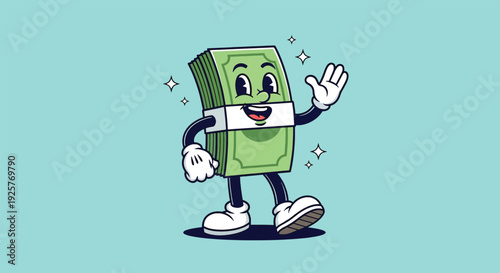Happy Money Stack Cartoon Character Waving Hand.