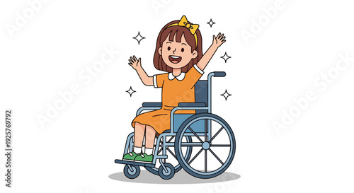 Happy little girl in a wheelchair with arms raised in celebration.