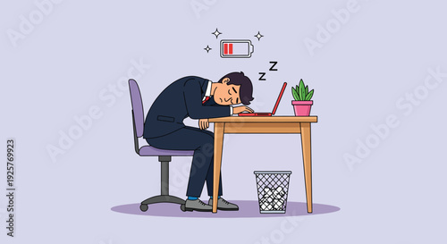 Tired businessman sleeping on laptop at office desk with low battery icon.