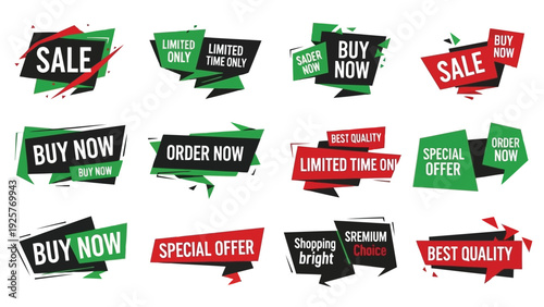 Colorful sale tags displayed in various styles and sizes on a white background