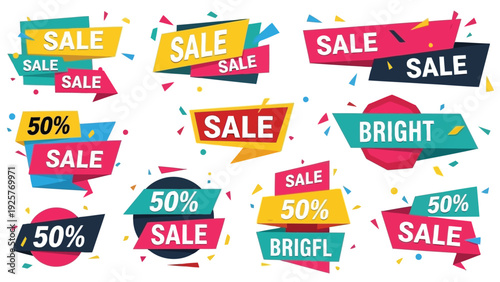 Colorful sale banners and badges for promotional marketing materials and advertisements