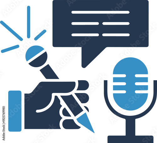 Journalism and Podcasting Icon Set with Hand Holding Microphone, Speech Bubble, and Studio Mic