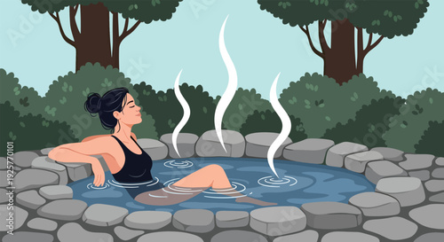 Woman relaxing in a natural hot spring surrounded by lush greenery.